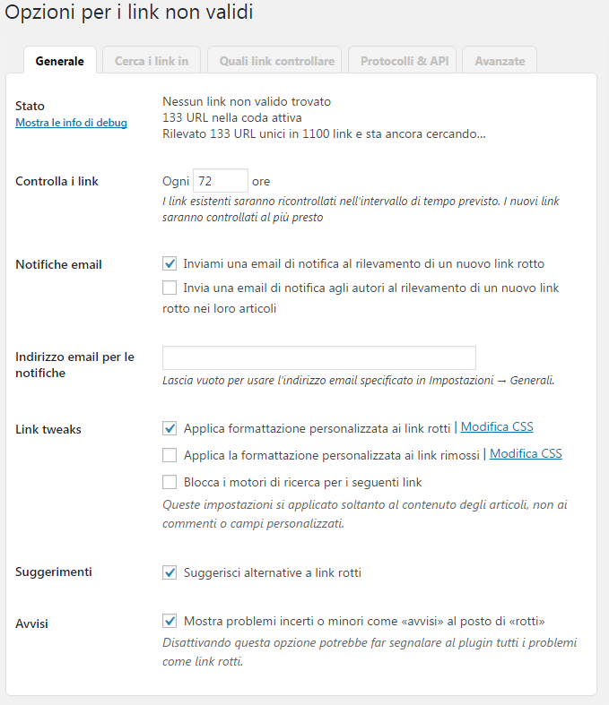 broken link checker - opzioni generali