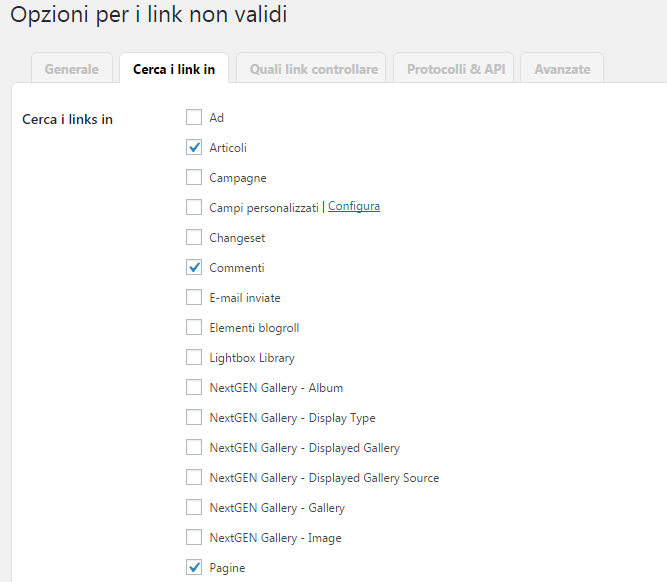 broken link checker opzioni cerca link